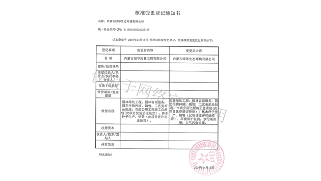標(biāo)題：綠華生態(tài)核準(zhǔn)變更登記通知書(shū)
瀏覽次數(shù)：2097
發(fā)表時(shí)間：2019-10-26
